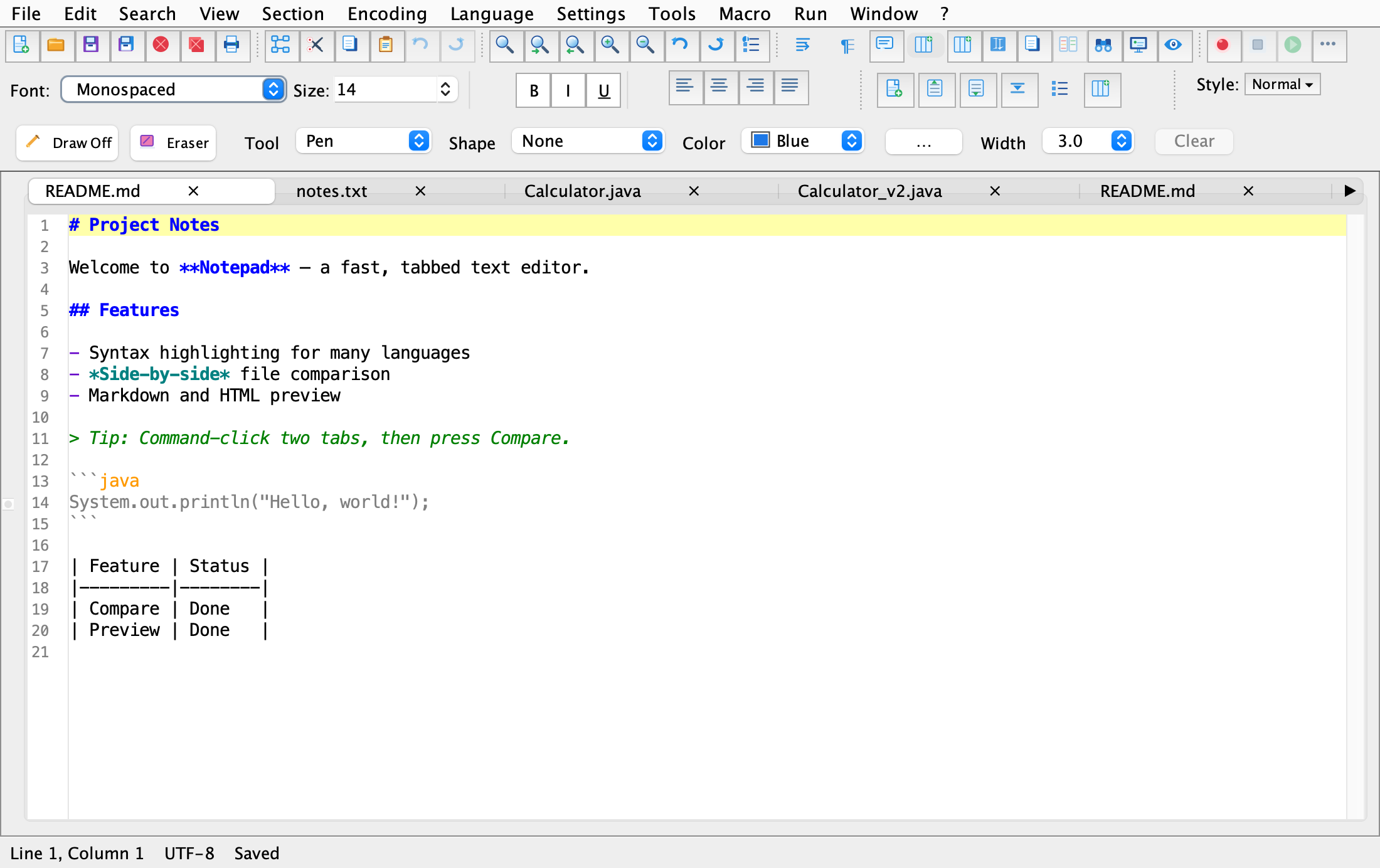 Notepad for Mac showing syntax-highlighted code, multiple document tabs, a formatting toolbar, and drawing controls