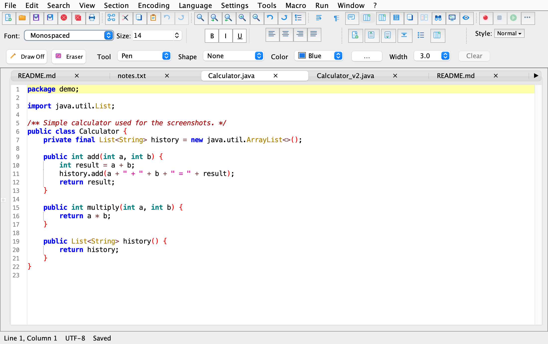 Editing a Markdown document with syntax highlighting, line numbers, and multiple open tabs
