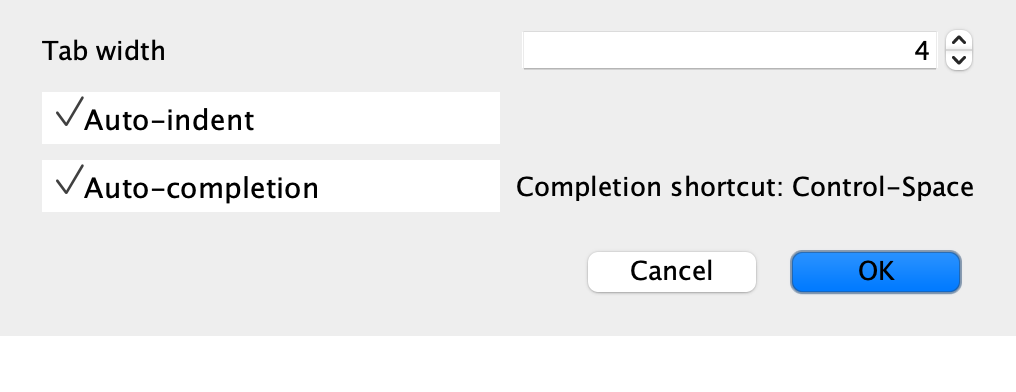 Notepad preferences for tab width, auto-indent, and auto-completion