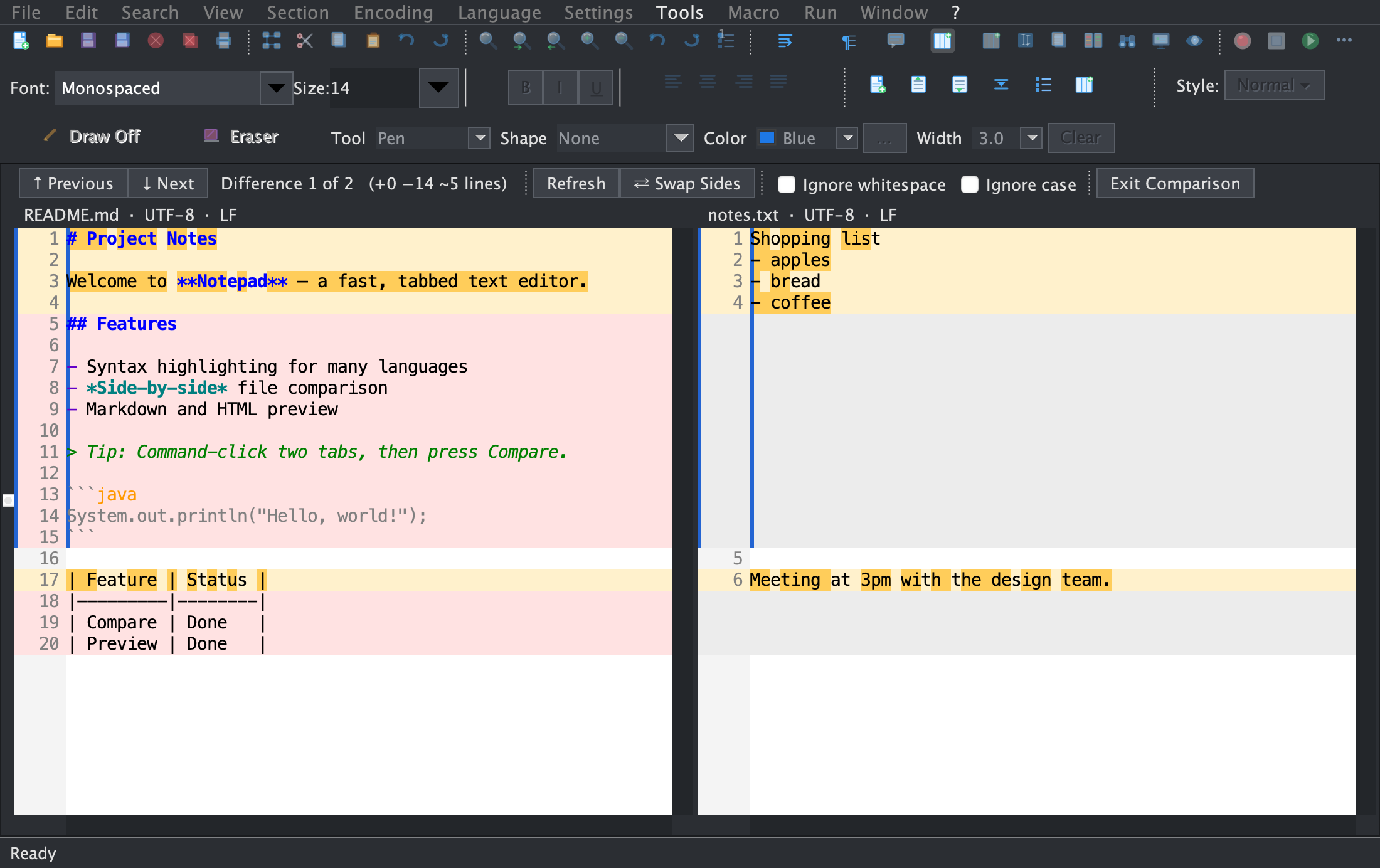 Side-by-side file comparison in Notepad's dark theme