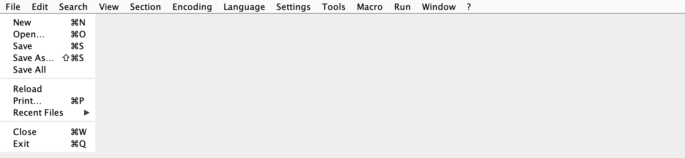 File menu with New, Open, Save, Print, Recent Files, Close, and Exit