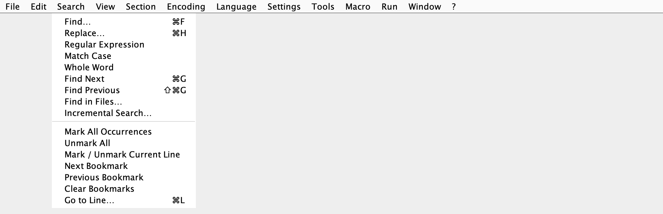 Search menu with find, replace, and navigation options