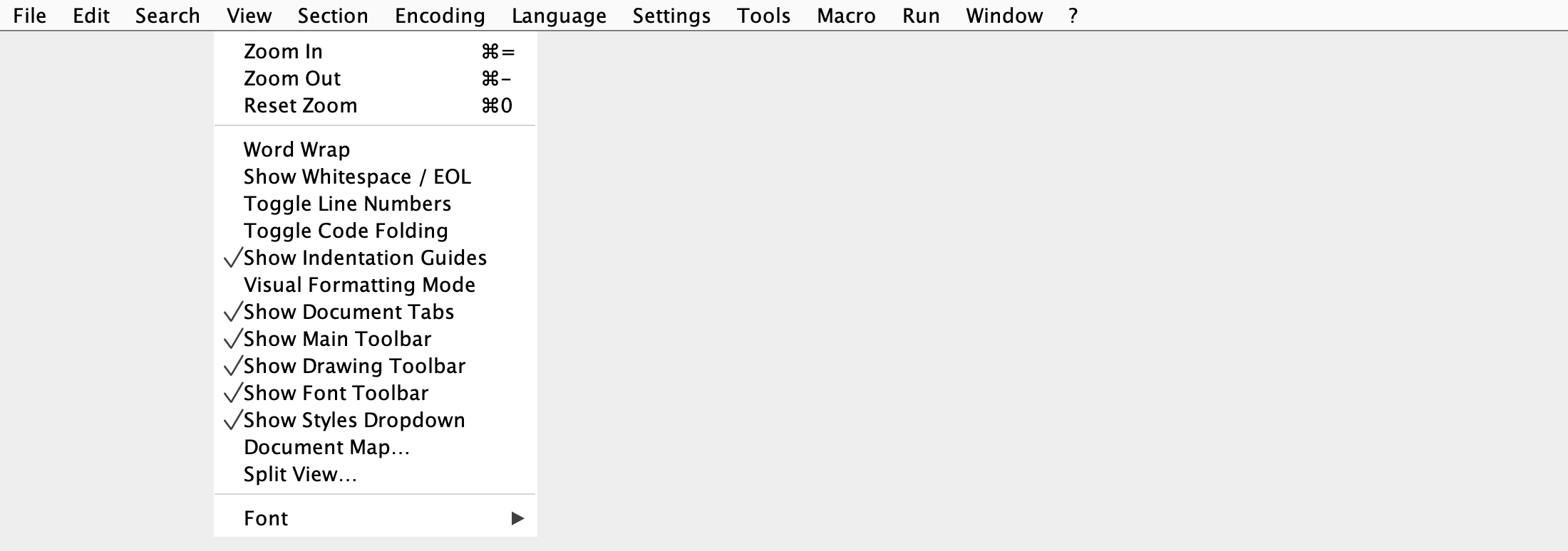 View menu in Notepad