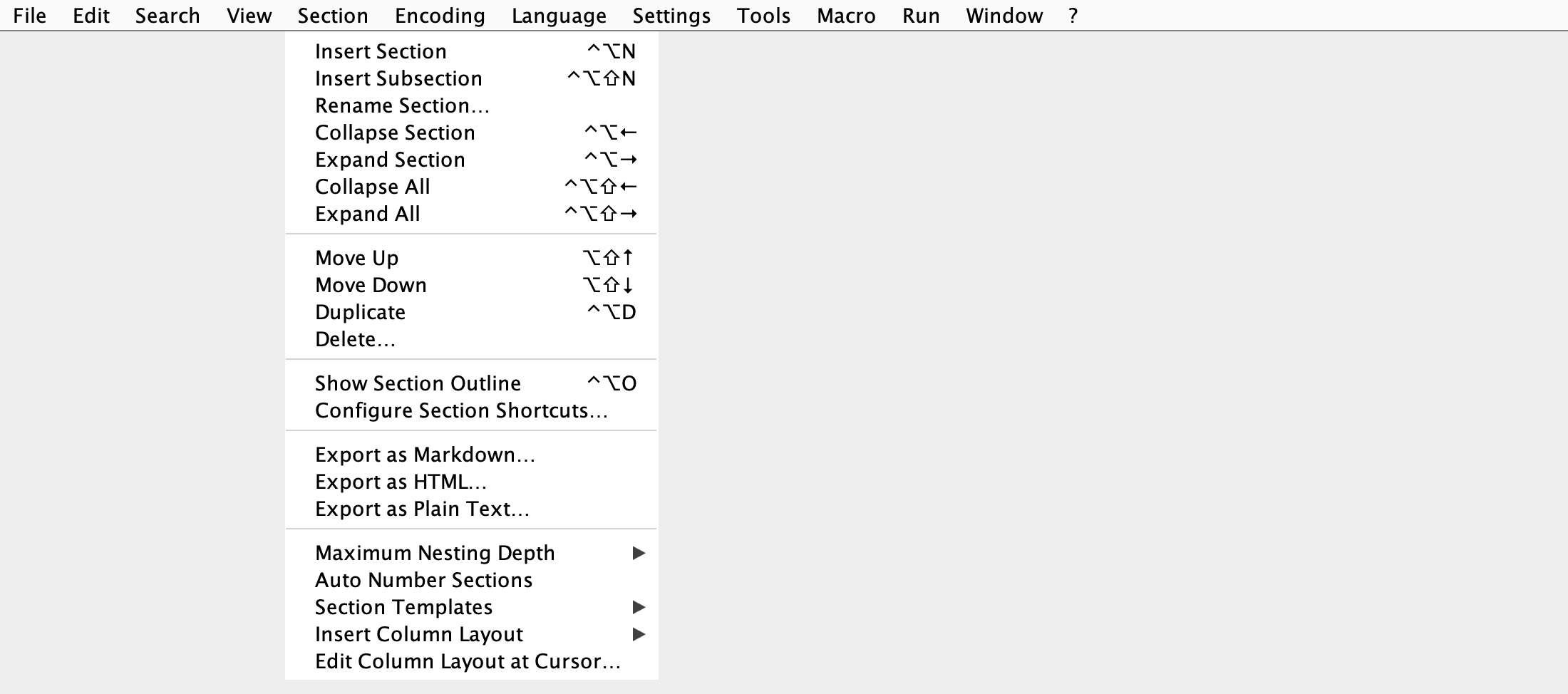 Section menu in Notepad