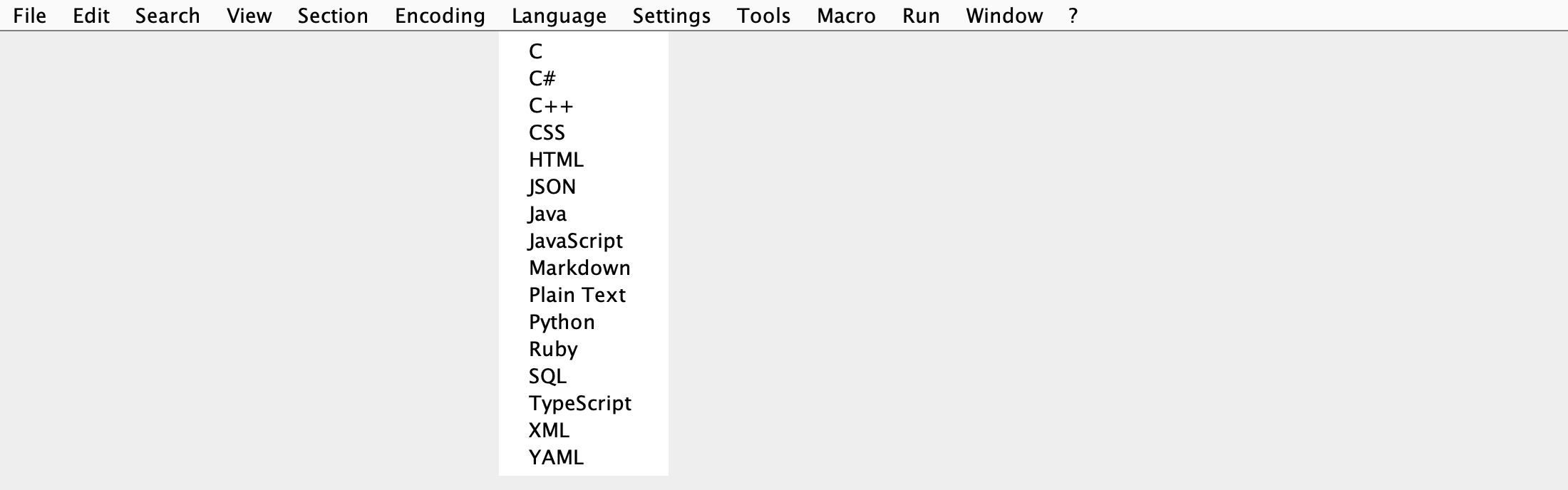Language menu for choosing syntax highlighting