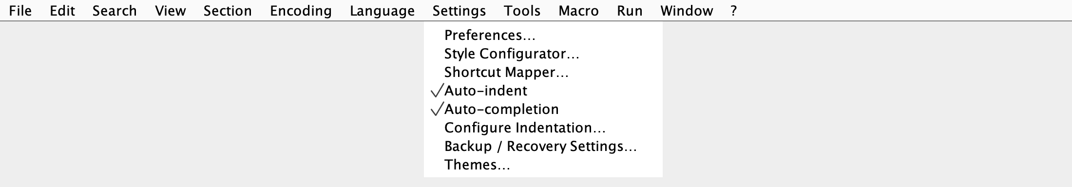 Settings menu in Notepad