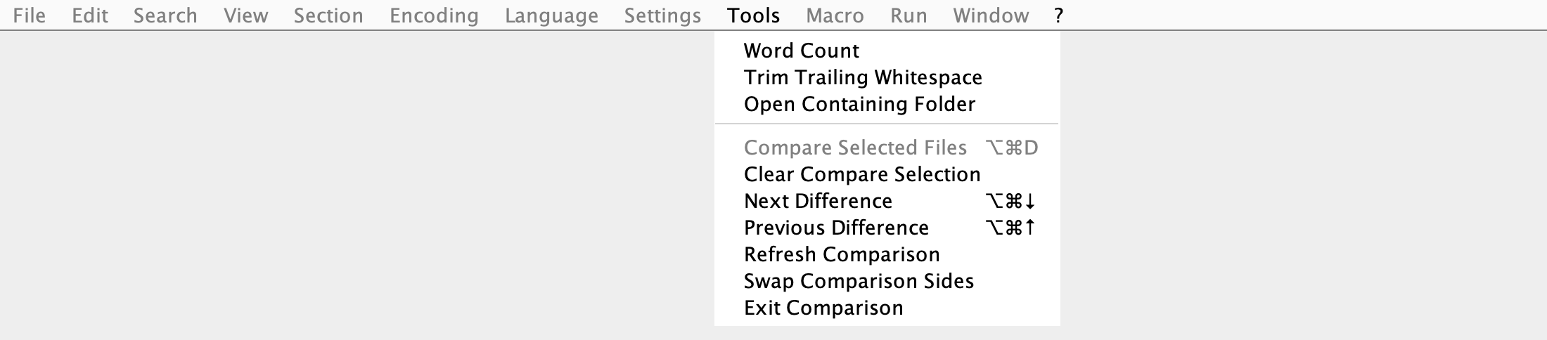 Tools menu with file comparison options