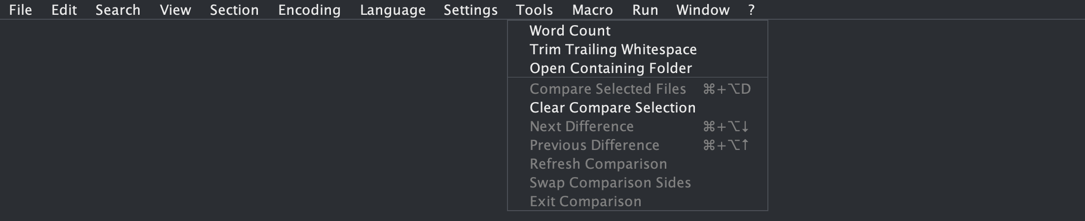 Tools menu shown in Notepad's dark theme